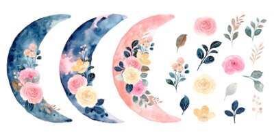 Free Vector | Watercolor bouquet collection of roses and crescent moon