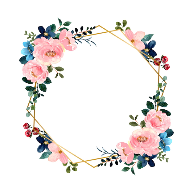 Free Vector | Watercolor green pink flower with geometric gold frame