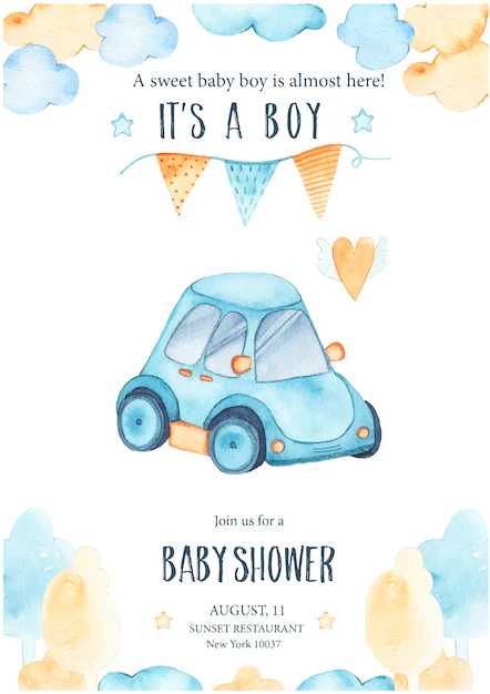 Free Vector | Watercolor its baby boy shower with cute blue car auto garland