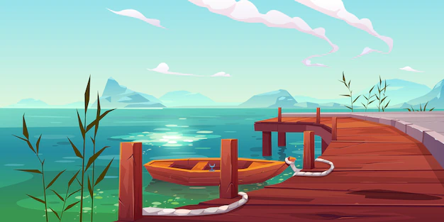 Free Vector | Wooden pier and boat on river natural landscape