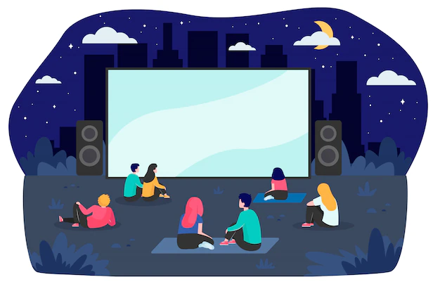 Free Vector | Young friends resting at backyard and watching movie
