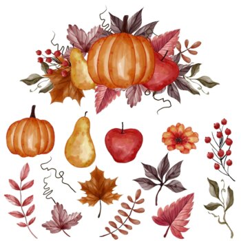 Free Vector | Autumn fall leaf, pumpkin, pear, and apple isolated clip-art