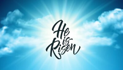 Free Vector | He was resurrected lettering against a background of clouds and sun. background for congratulations on the resurrection of christ. vector illustration eps10