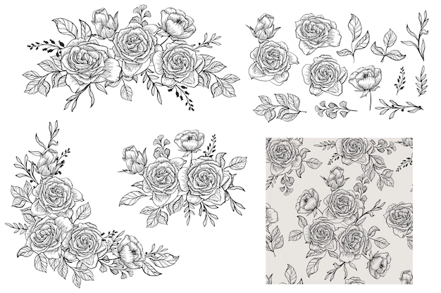 Free Vector | Hand drawn line art rose arrangement isolated and seamless pattern