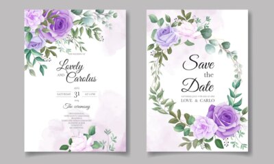 Free Vector | Elegant set of wedding invitation cards with beautiful purple floral