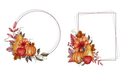 Free Vector | Autumn fall leaf, pumpkin, pear, and apple floral frame set