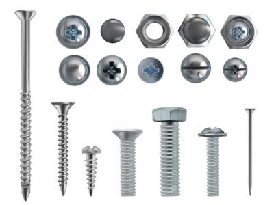 Free Vector | 3d realistic illustration of stainless steel bolts, nails and screws on white background.