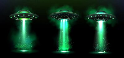 Free Vector | 3d ufo, vector alien space ships with green light beam, smoke and sparkles.