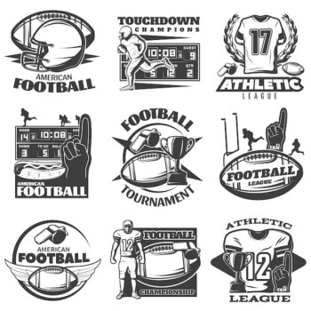 Free Vector | American football black white emblems with player trophy foam hand sports clothing and equipment isolated