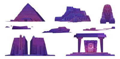 Free Vector | Ancient egypt landmarks, pyramids, pharaoh temples, sphinx and mystic portal with scarab sign.