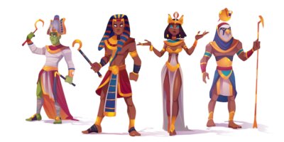 Free Vector | Ancient egyptian god amun, osiris, pharaoh and cleopatra. vector cartoon characters of egypt mythology, king and queen, god with falcon head, horus and amon ra