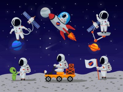 Free Vector | Astronauts vector characters set in flat cartoon style. astronaut cartoon, character astronaut, person astronaut, human spaceman illustration