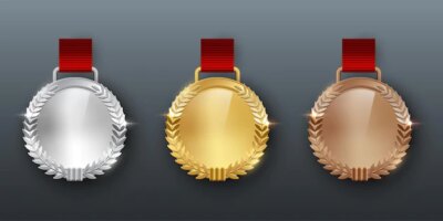 Free Vector | Award golden silver and bronze blank medals with ribbon realistic illustration first second and third place medals with laurel leaves quality blank empty badge emblem with red ribbons