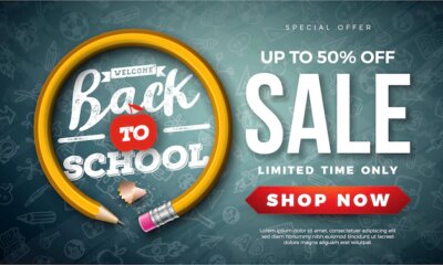 Free Vector | Back to school sale banner with graphite pencil and typography letter on black chalkboard