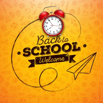 Free Vector | Back to school with red alarm clock and typography letter on yellow