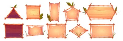 Free Vector | Bamboo frames with old parchment, wooden planks background and palm leaves.