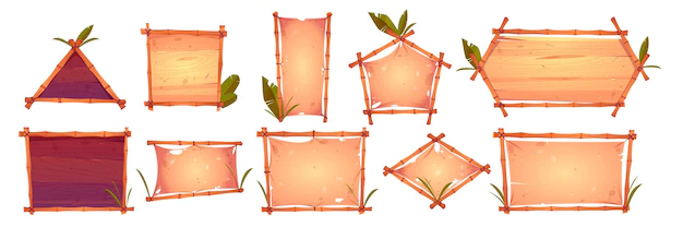 Free Vector | Bamboo frames with old parchment, wooden planks background and palm leaves.