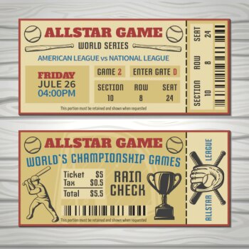 Free Vector | Baseball competitions tickets with player sports outfit and trophy barcode