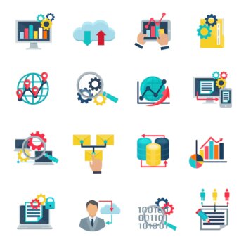 Free Vector | Big data analytics technology flat icons set with internet cloud