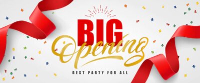 Free Vector | Big opening, best party for all festive banner with confetti and red streamer