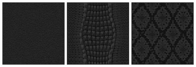 Free Vector | Black animal skin seamless textures for game textile or wallpaper realistic 3d vector repeated patterns of snake crocodile and and leather fabric backgrounds of natural or artificial reptile skins