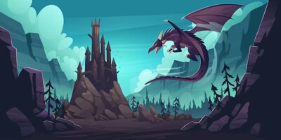 Free Vector | Black spooky castle and flying dragon in canyon with mountains and forest. cartoon fantasy illustration with medieval palace with towers, creepy beast with wings, rocks and pine trees