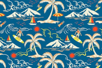 Free Vector | Blue tropical island pattern vector with tourist cartoon illustration