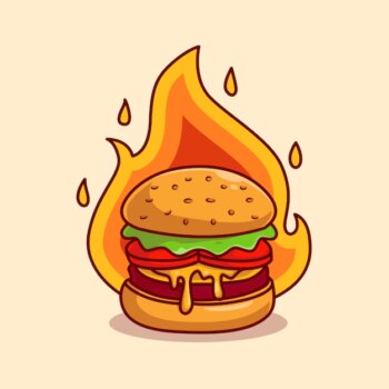 Free Vector | Burger cheese with fire cartoon vector icon illustration. food object icon concept isolated premium