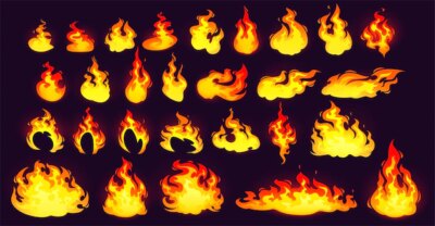 Free Vector | Burning fire collection, yellow and orange flame isolated on black background. vector cartoon set of blaze of bonfire, torch or candle. animation sprite sheet with flame burn