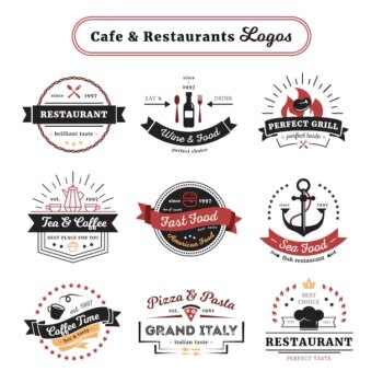 Free Vector | Cafe and restaurant logos vintage design with food and drinks cutlery