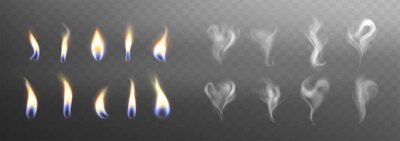 Free Vector | Candle flame lights and smoke steam with hart and swirl shaped collection on dark background set of burning fire flames vector realistic candlelight element design