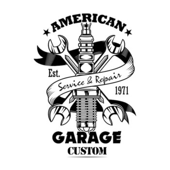 Free Vector | Car parts and spanners vector illustration. chrome spark plug, crossed wrenches, garage custom text. car service or garage concept for emblems or labels templates