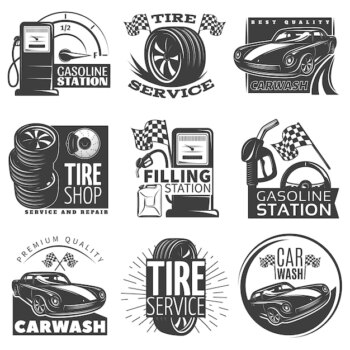 Free Vector | Car service black emblem set with descriptions of tire service car wash gas station vector illustration