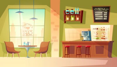Free Vector | Cartoon cafe with window - cozy interior with coffee machine, table.