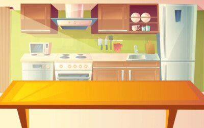 Free Vector | Cartoon illustration of cozy modern kitchen with dinner table and household appliances