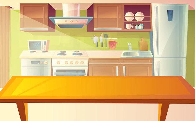 Free Vector | Cartoon illustration of cozy modern kitchen with dinner table and household appliances
