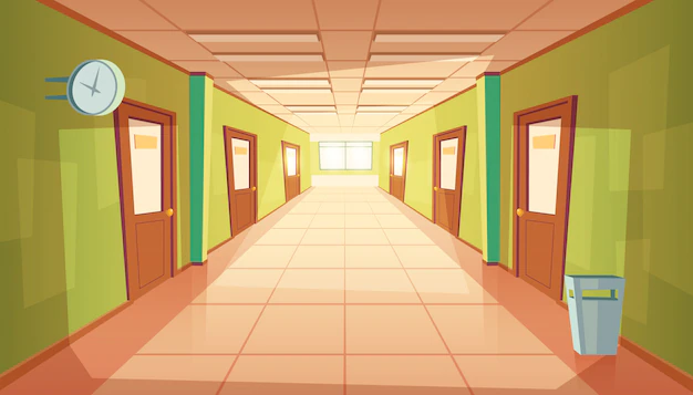 Free Vector | Cartoon school hallway with window and many doors.