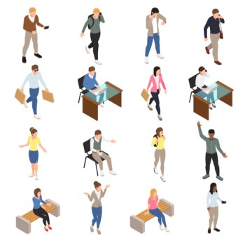 Free Vector | Casual city people isometric icons set with work and free time symbols isolated  illustration