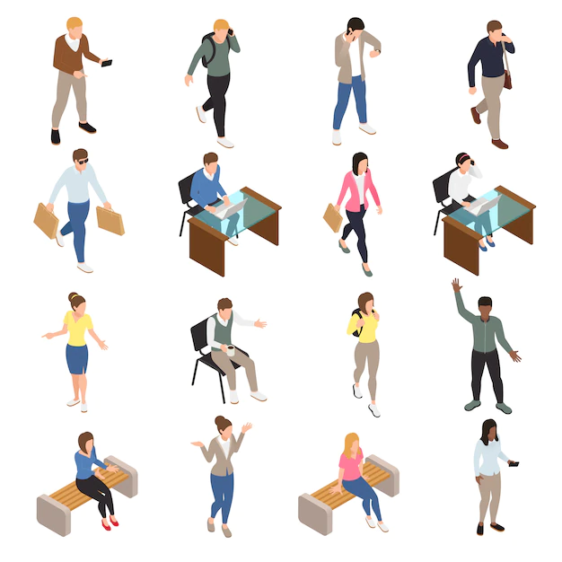 Free Vector | Casual city people isometric icons set with work and free time symbols isolated  illustration