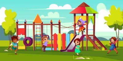 Free Vector | Children playground cartoon illustration with multinational, preschooler kids characters