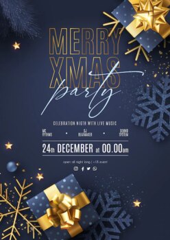 Free Vector | Christmas party poster with realistic ornaments and presents