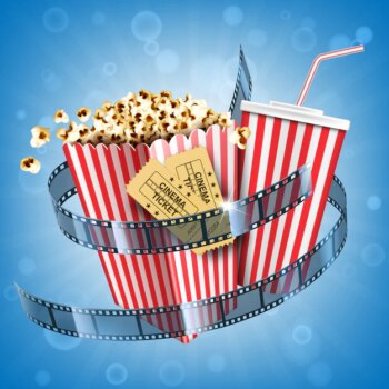 Free Vector | Cinema popcorn, soda drink, tickets and film strip movie poster with fast food snack and cola beverage in disposable striped package on abstract blurred background. realistic 3d illustration