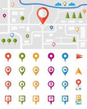 Free Vector | City map with a large set of colorful pin pointers each showing a different vector infographic