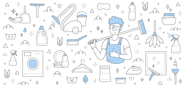 Free Vector | Cleaning service background with man worker in uniform washing machine vacuum cleaner spray and detergent vector hand drawn illustration of janitor with broom plunger brush iron and plates