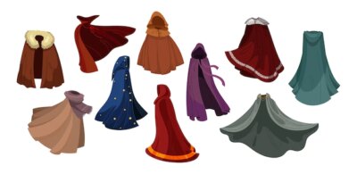 Free Vector | Cloaks of magic characters set. vector illustrations of clothes flying on wind. cartoon dracula cloak, superhero cape with hood and mantle of king isolated on white. fantasy, accessory concept