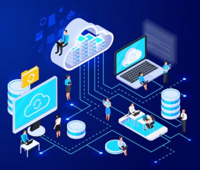 Free Vector | Cloud services isometric composition with big of cloud computing infrastructure elements connected with dashed lines vector illustration