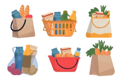 Free Vector | Collection of paper bag and baskets with fresh food different food and beverage products grocery shopping fruits vegetables  bread milk in cartoon drawing flat  vector illustration