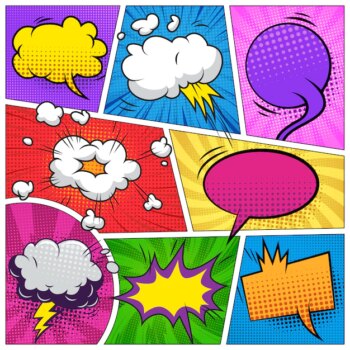 Free Vector | Comic page background with speech bubbles wordings clouds explosive halftone radial rays humor effects