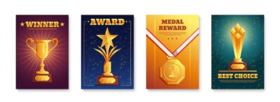 Free Vector | Custom design winners awards cups trophies sport achievements medals 4 realistic colorful backgrounds posters set illustration