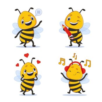 Free Vector | Cute cartoon bee characters listening to music on headphones saying hi holding pencil set